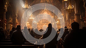 An Orthodox church during New Year\'s Eve, with parishioners attending a midnight service,