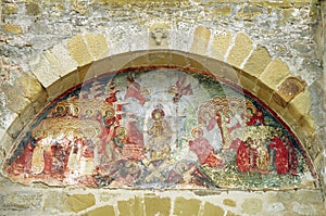Orthodox church. Old mural painting - Sucevita Monastery, landmark attraction in Romania
