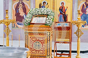 Orthodox church with pulpit and font for baptism