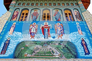 Orthodox church. Religious painting on the wall with Virgin Mary - Monastery Bujoreni, Vaslui County, landmark attraction, Romania
