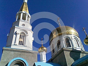 Orthodox church in southern Russia. Typical views are characteristic domes and crosses.