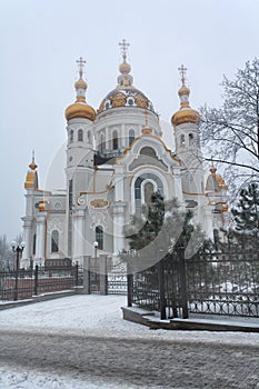 Orthodox church of St. Peter and Fevronia covered with snow. Donetsk
