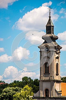 Orthodox church tower with clock in east Europe, Belgrade