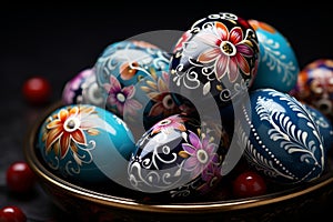 Orthodox hand-painted easter eggs on dark background, traditional decorative plates for celebrations