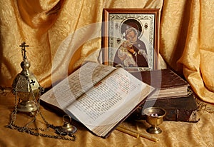 Orthodox icon, books and censer