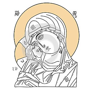 Orthodox icon of Holy Mother of God Mother of God Queen of Heaven with baby Jesus Christ. Virgin Mary tenderness. Linear