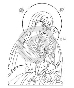 Orthodox icon of Virgin. Holy Mother, God Mother of God Queen of Heaven with Jesus Christ Child. Eleusa, Linear hand