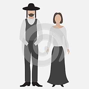 Orthodox jew. Flat icon. Hebrew from Israel, Jewish man and woman in religios cloth. Traditional stereotype flat characters.