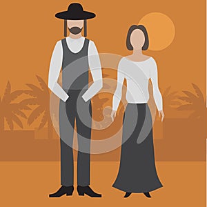 Orthodox jew, man and woman. Flat judaism traditonal religious character