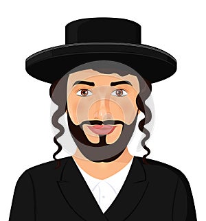 Orthodox jewish man portrait with hat in a black suit. Jerusalem