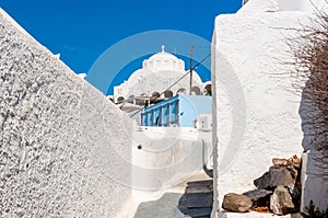 Orthodox Metropolitan cathedral and streets of Thira, Santorini island, Greece