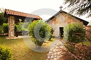 Orthodox monastery and bell tower in the garden