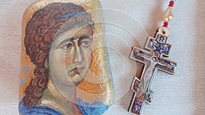 Orthodox icon cross Painted stone Archangel Gabriel photo
