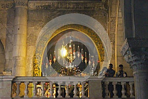 Orthodox priests and pilgrims in The Church of the Holy Sepulchre
