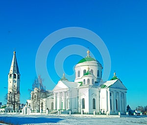 Orthodox Russian Church with green domes on a Sunny winter day