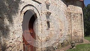 Orthodox temple in the mountain entrance wooden door