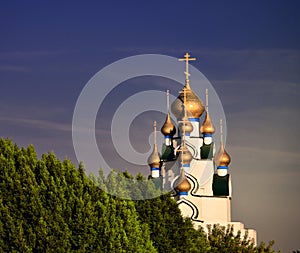 Orthodox type church at the end of the trees