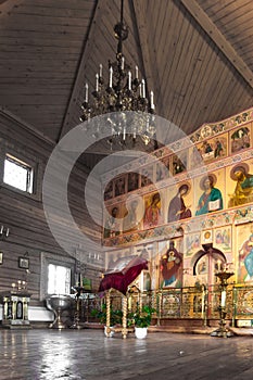 Orthodox water source Gremyachy and wooden church. Altar of the