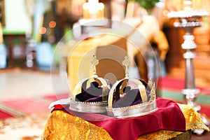 Orthodox wedding ceremony and two golden crown