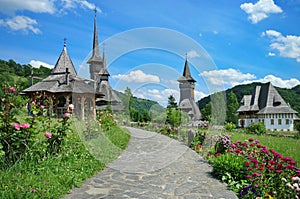 Orthodox wooden church. Barsana Monastery Complex - Landmark attraction in Maramures, Romania. UNESCO World Heritage