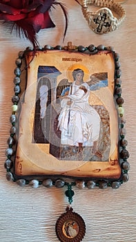 Orthodox wooden icon Prayer rope with medaillon Komboskini