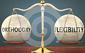Orthodoxy and flexibility staying in balance - pictured as a metal scale with weights and labels orthodoxy and flexibility to