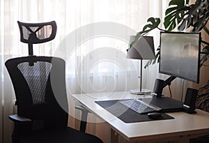 Orthopaedic chair at home. Work place with curved screen. Interior with plants