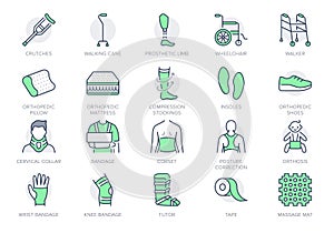 Orthopedic equipment line icons. Vector illustration include icon - shoulder bandage, stockings, children orthosis