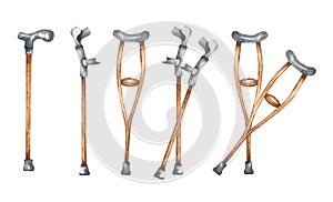 Orthopedic equipment and orthopaedics tools. Watercolor set of crutches orthopedic equipment on white