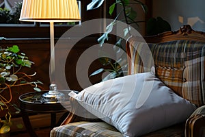 orthopedic pillow on a designer chair, stylish lamp illuminating the scene