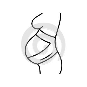 Orthopedic prenatal belt. Silhouette of pregnant woman with bandage on her belly. Line art icon of double support belt. Black