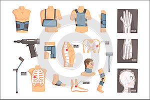 Orthopedic Surgery And Orthopaedics Attributes And Tools Set Of Cartoon Icons With Bandages, X-rays And Other Medical