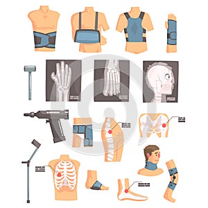 Orthopedic Surgery And Orthopaedics Attributes And Tools Set Of Cartoon Icons With Bandages, X-rays And Other Medical