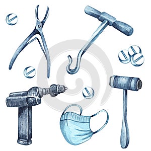 Orthopedic surgery and orthopaedics tools. Watercolor set of medical Physiotherapy illustrations