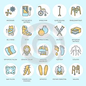 Orthopedic, trauma rehabilitation line icons. Crutches, orthopedics mattress pillow, cervical collar, walkers and other