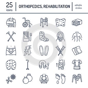 Orthopedic, trauma rehabilitation line icons. Crutches, orthopedics mattress pillow, cervical collar, walkers and other