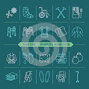 Orthopedic, trauma rehabilitation line icons. Crutches, orthopedics mattress pillow, cervical collar, walkers and other