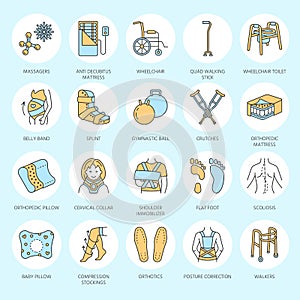 Orthopedic, trauma rehabilitation line icons. Crutches, orthopedics mattress pillow, cervical collar, walkers and other photo