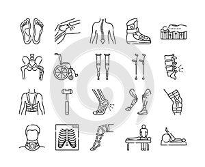 Orthopedics line color icons set. Rehabilitation after injuries. Musculoskeletal system treatment. Mobility aid concept