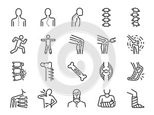 Orthopedics line icon set. Included the icons as osteoarthritis, medical rehab, plantar fasciitis, back injuries, Fracture and mor