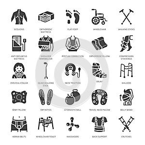 Orthopedics, trauma rehabilitation glyph icons. Crutches, mattress pillow, cervical collar, walkers, medical rehab goods