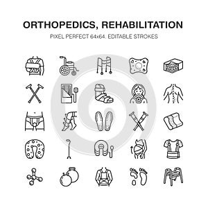 Orthopedics, trauma rehabilitation line icons. Crutches, mattress pillow, cervical collar, walkers, medical rehab goods