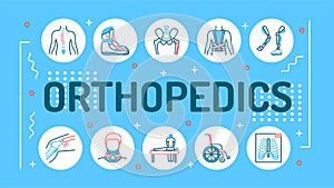 Orthopedics word lettering typography. Rehabilitation after injuries. Musculoskeletal system treatment. Infographics with linear