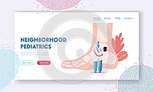 Orthopedy and Podiatry Medical Healthcare Landing Page Template. Doctor Podiatrist Character Stand at Huge Foot photo