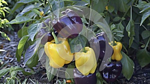 An ortment of colorful bell peppers ranging from deep purple to bright yellow hanging from a sy plant in the garden