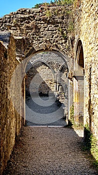 Orval Abbey. The ruins of the old cathedral next to the new Abbey of the Trappists-Cistercians of Orval, Notre-Dame d`Orval Abbey,