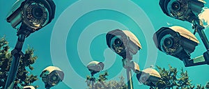 Orwellian Gaze: A Panopticon of Eyes in the Sky. Concept Surveillance, Dystopia, Privacy, photo