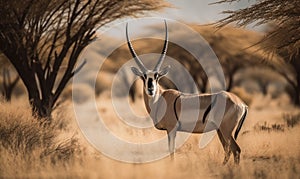 Oryx beisa stands tall and proud on a flat dusty plain surrounded by scattered acacia trees and tufts of yellow grass. Its sandy