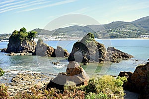 Os Castelos rocks in Seiramar beach, between Covas a Sacido beach, in Viveiro, Lugo, Galicia. Spain. Europe. September 28, 2019