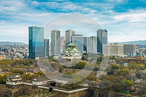 Osaka Castle with Osaka business park financial district in Osaka city, Japan